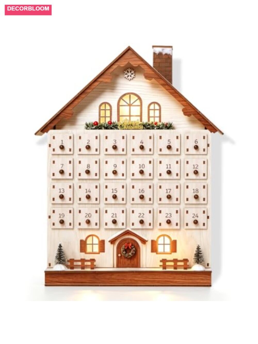 Wooden LED Lighted Christmas Advent Calendar House 24 Drawers Tabletop Mantel